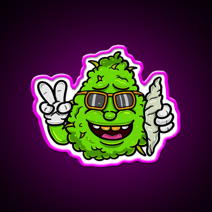 Weed Bud Cartoon With Glass And Bring Cigarette Green Leaf Led Neon Sign Rgb Color - Neon sign mounted on wall in room