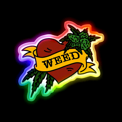 Weed Heart Tattoo Style Stoner Art Hemp Inspired Green Leaf Led Neon Sign Rgb Color - LED neon sign close-up detail