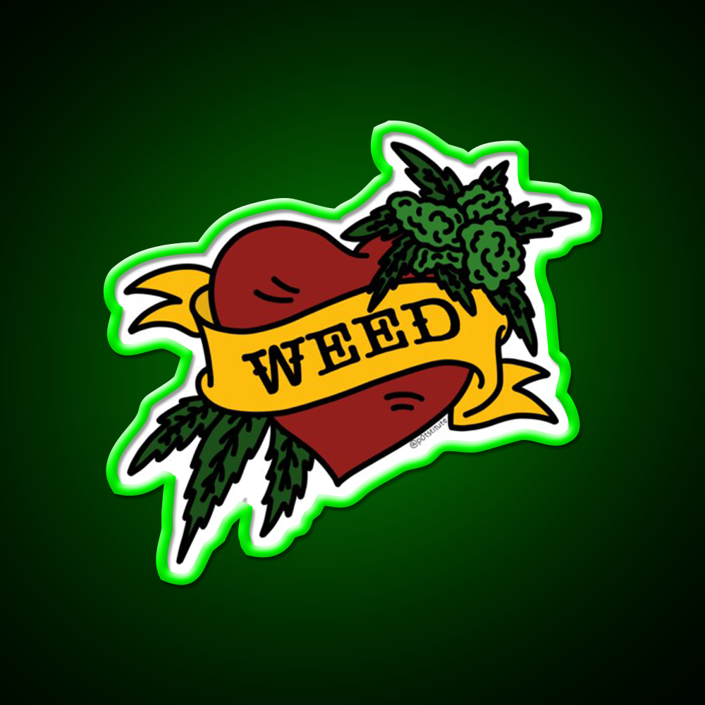 Weed Heart Tattoo Style Stoner Art Hemp Inspired Green Leaf Led Neon Sign Rgb Color - LED neon sign view 8
