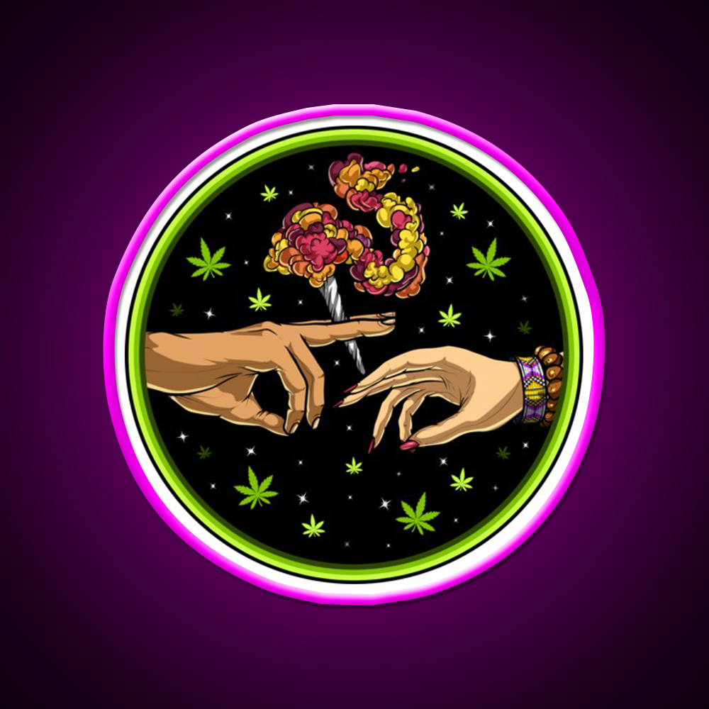 Weed Joint Hemp Inspired Green Leaf Led Neon Sign Rgb Color - Neon sign mounted on wall in room