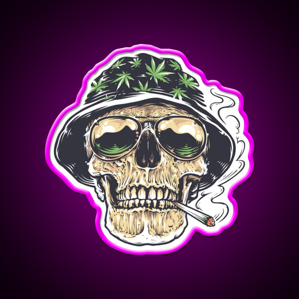 Weed Skull Hemp Inspired Green Leaf Led Neon Sign Rgb Color - Neon sign mounted on wall in room