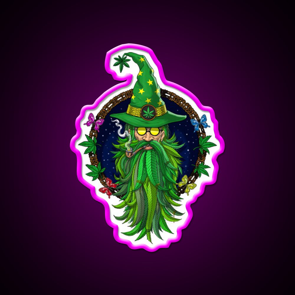 Weed Wizard Hemp Inspired Green Leaf Led Neon Sign Rgb Color - Neon sign mounted on wall in room