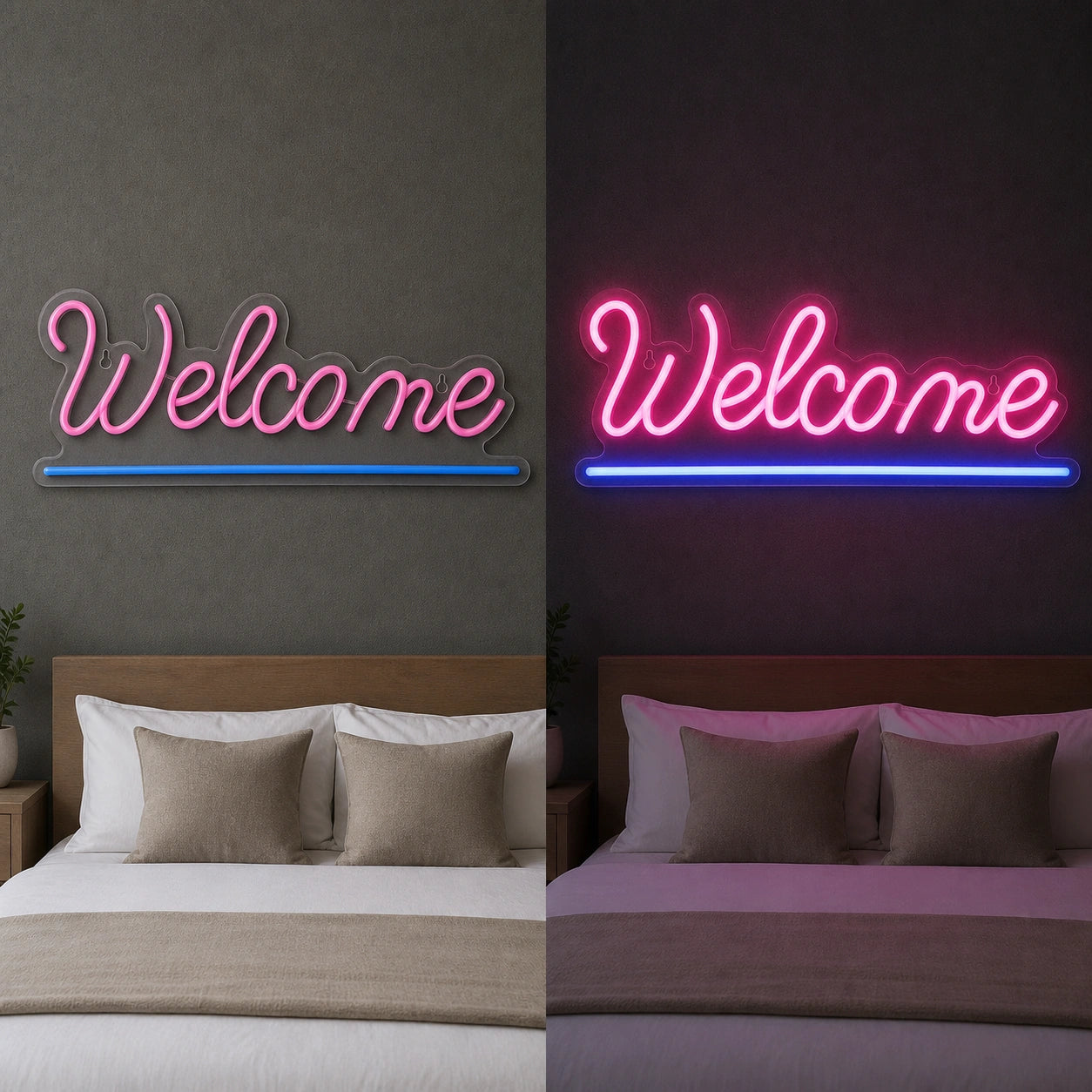 Welcome Bedroom Decor LED Neon Sign day and night comparison