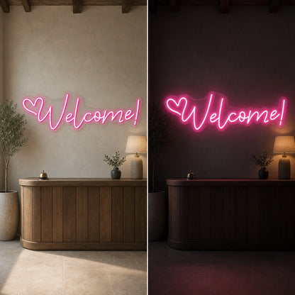 Welcome Room Decor LED Neon Sign day and night comparison