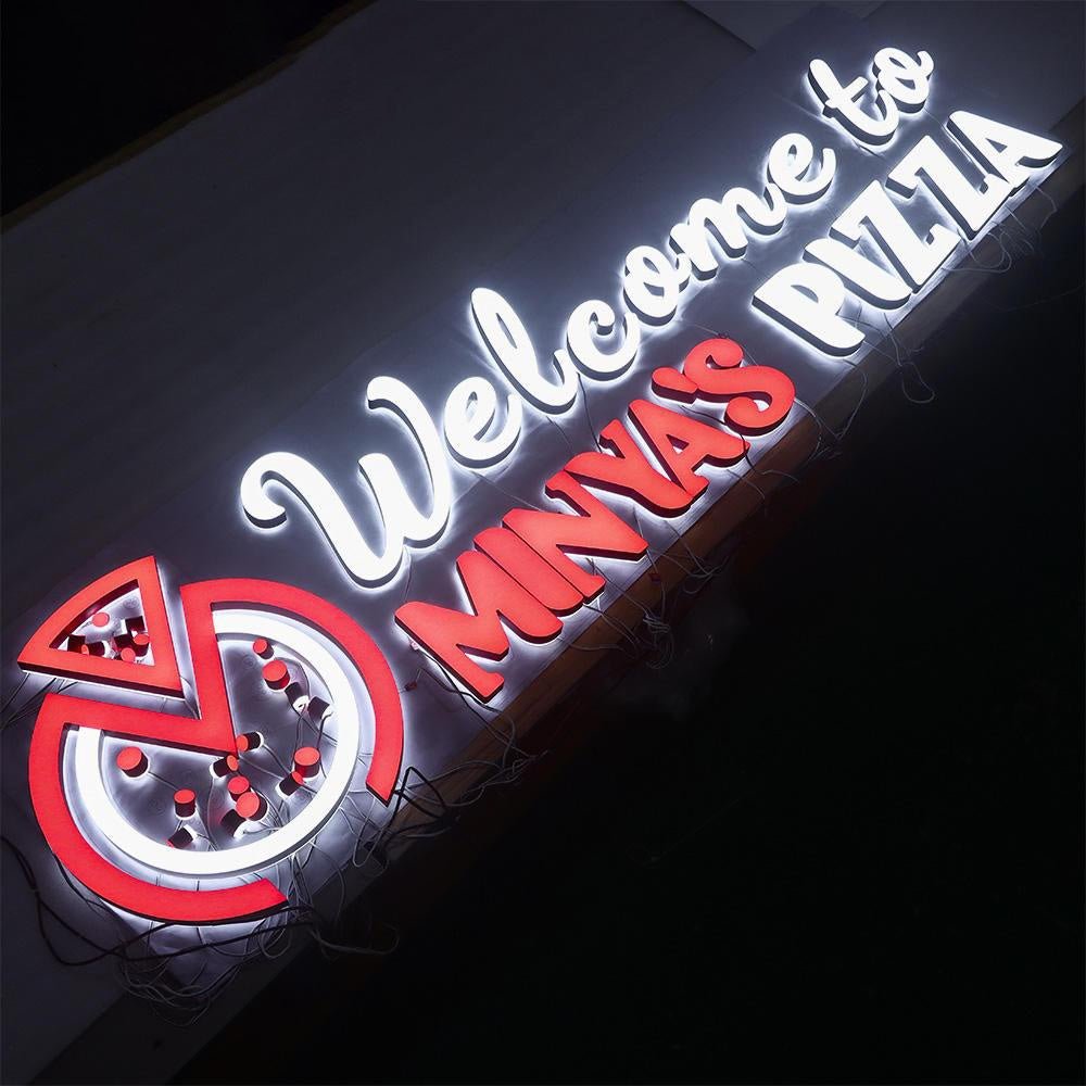 Welcome To Minyas Pizza 3D Front And Back Lit Letters Metal Led Sign - Shineneon