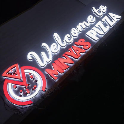 Welcome To Minyas Pizza 3D Front And Back Lit Letters Metal Led Sign