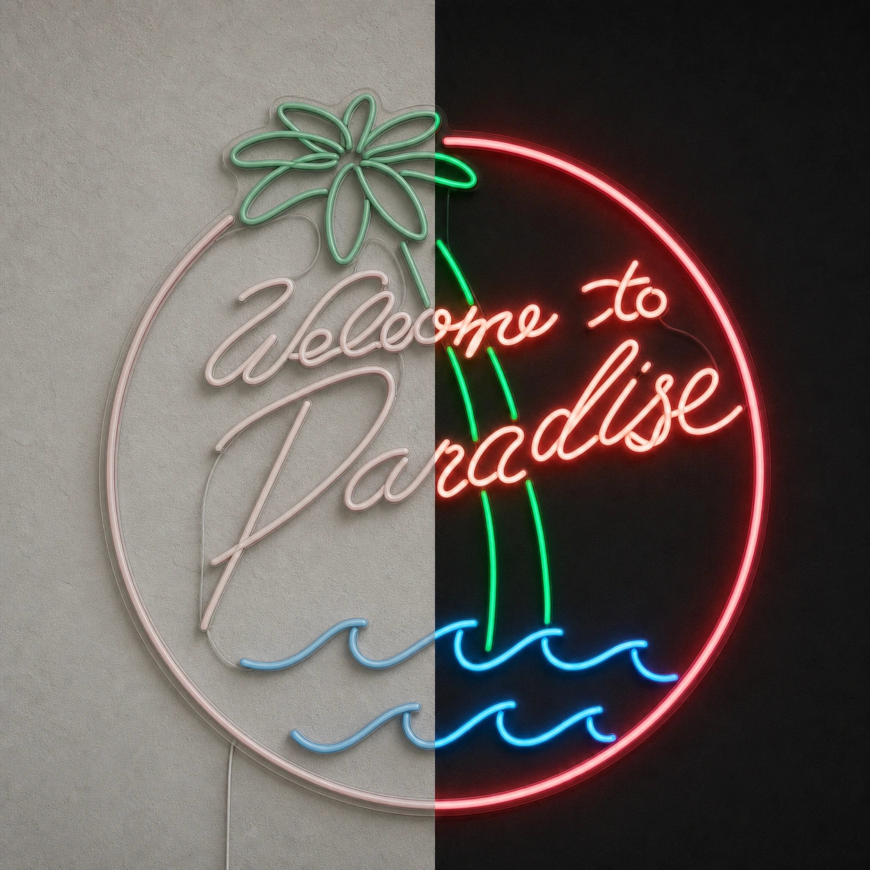 Welcome To Paradise LED Neon Sign Garage Man Cave Neon Sign day and night comparison