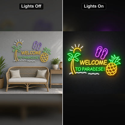 Welcome To Paradise Pineapple LED Neon Sign day and night comparison
