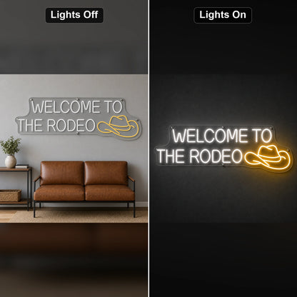 Welcome To The Rodeo Cowboy Hat LED Neon Sign day and night comparison