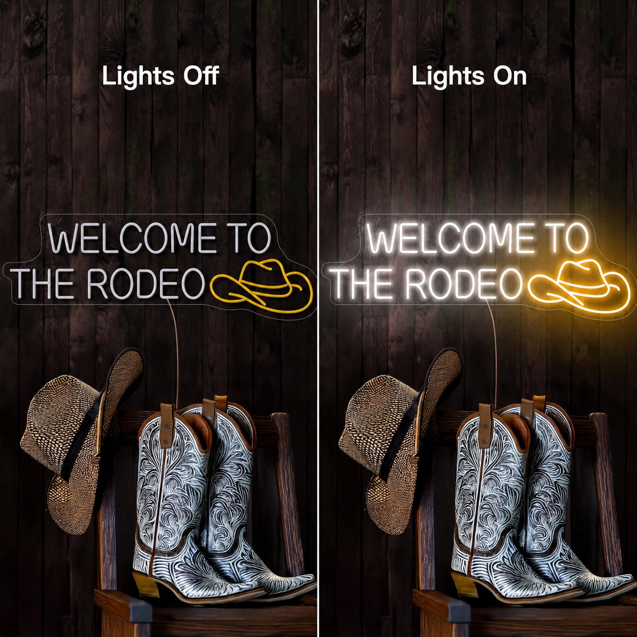 Welcome To The Rodeo Neon Sign LED Neon Sign day and night comparison