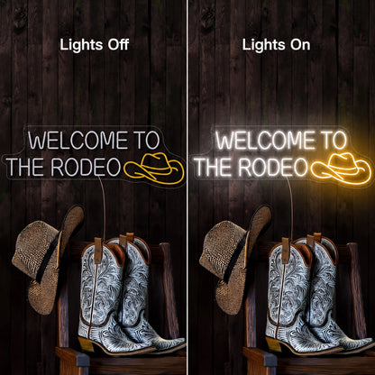 Welcome To The Rodeo Neon Sign LED Neon Sign day and night comparison