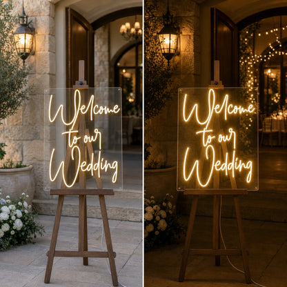 Welcome To The Wedding LED Neon Sign day and night comparison