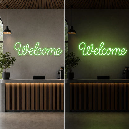 Welcome Wall Art LED Neon Sign day and night comparison