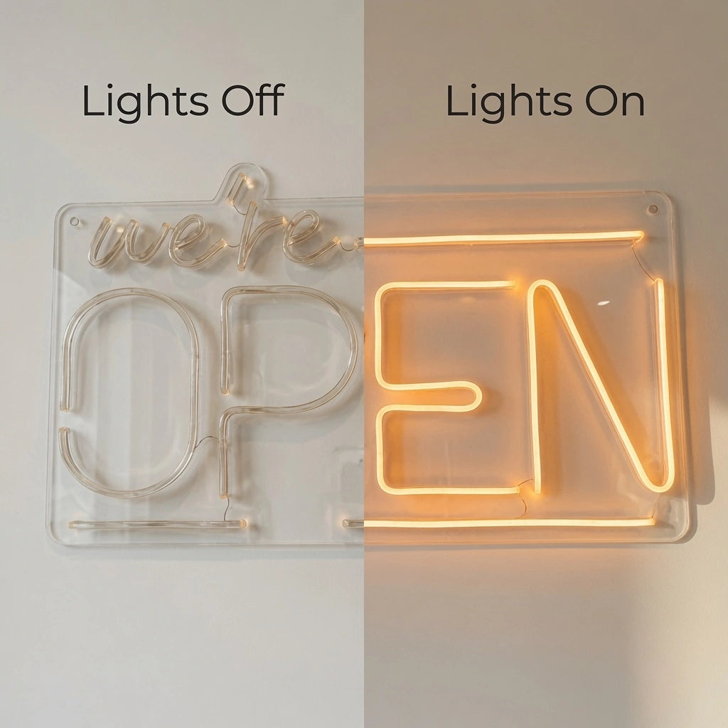 We're Open LED Neon Sign - 06 Day Night Comparison