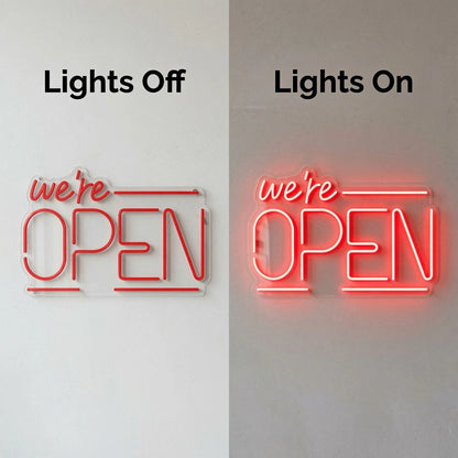 We're Open Wall Art LED Neon Sign - 06 Day Night Comparison