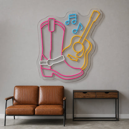 Western Boot Guitar And Music Notes LED Neon Sign size image