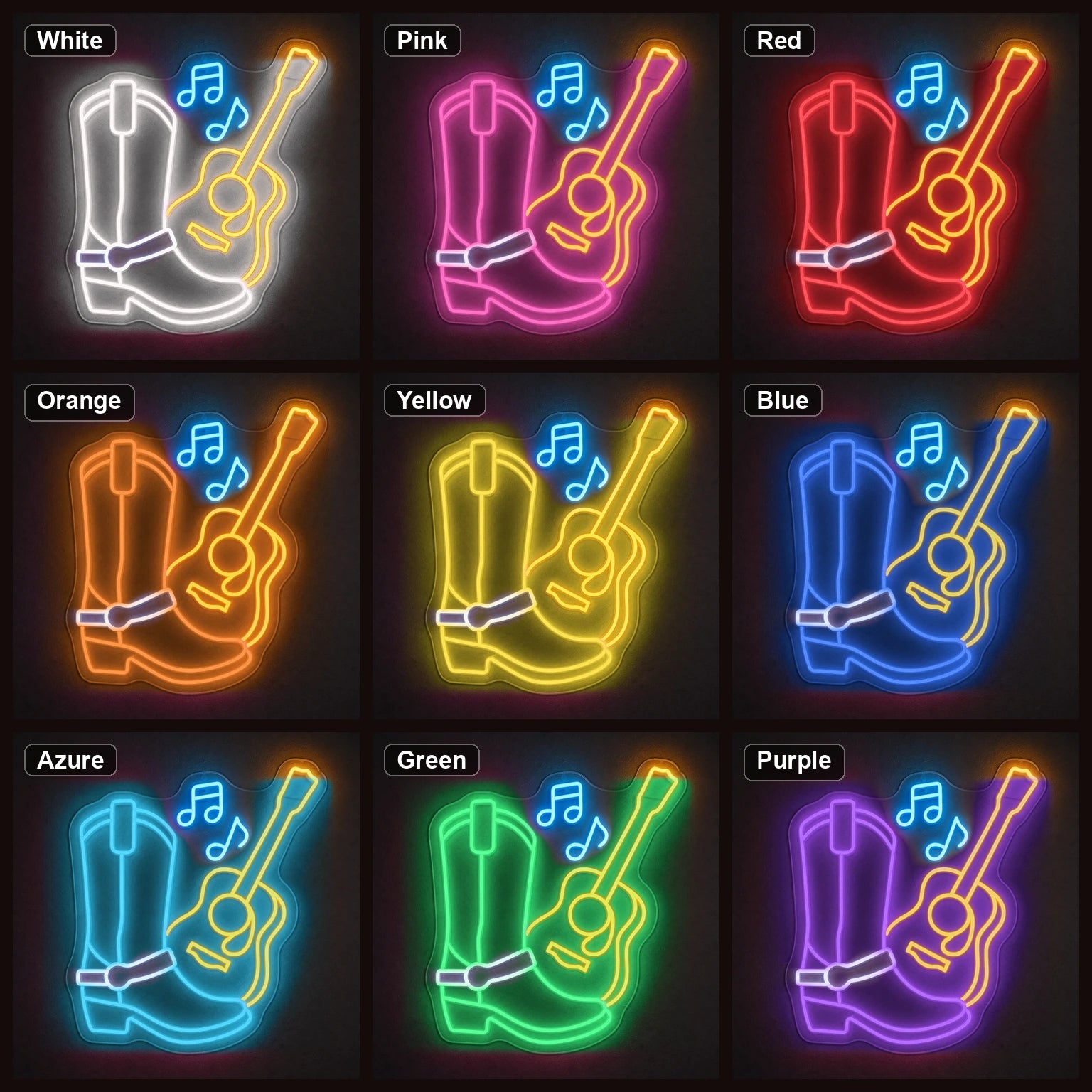 Western Boot Guitar And Music Notes LED Neon Sign color grid