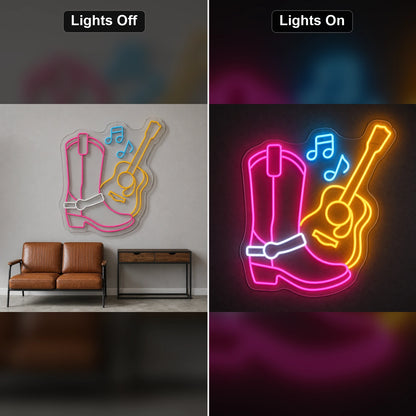 Western Boot Guitar And Music Notes LED Neon Sign day and night comparison