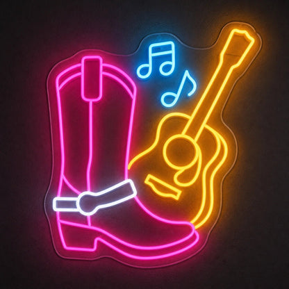 Western Boot Guitar And Music Notes LED Neon Sign - Shineneon
