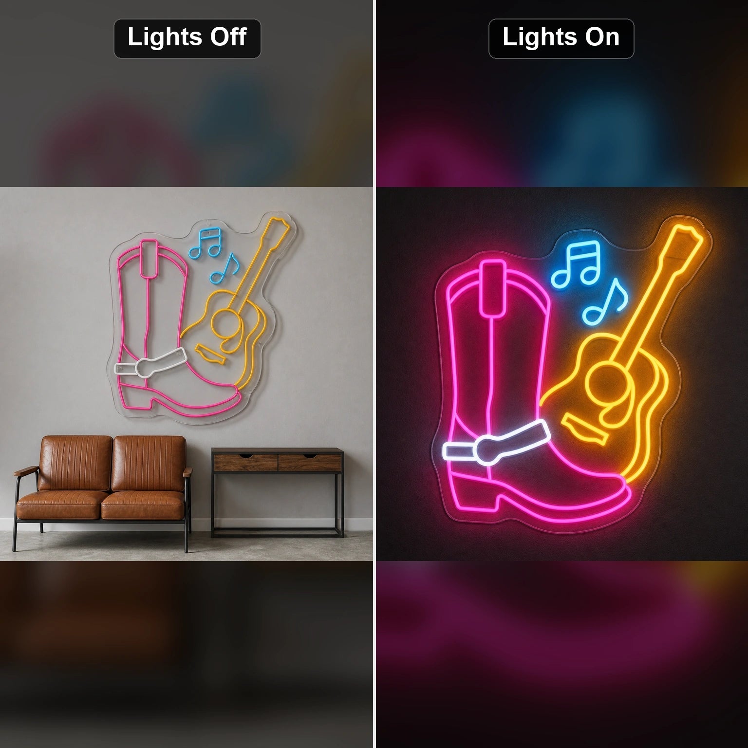 Western Boot Guitar And Music Notes LED Neon Sign - Shineneon
