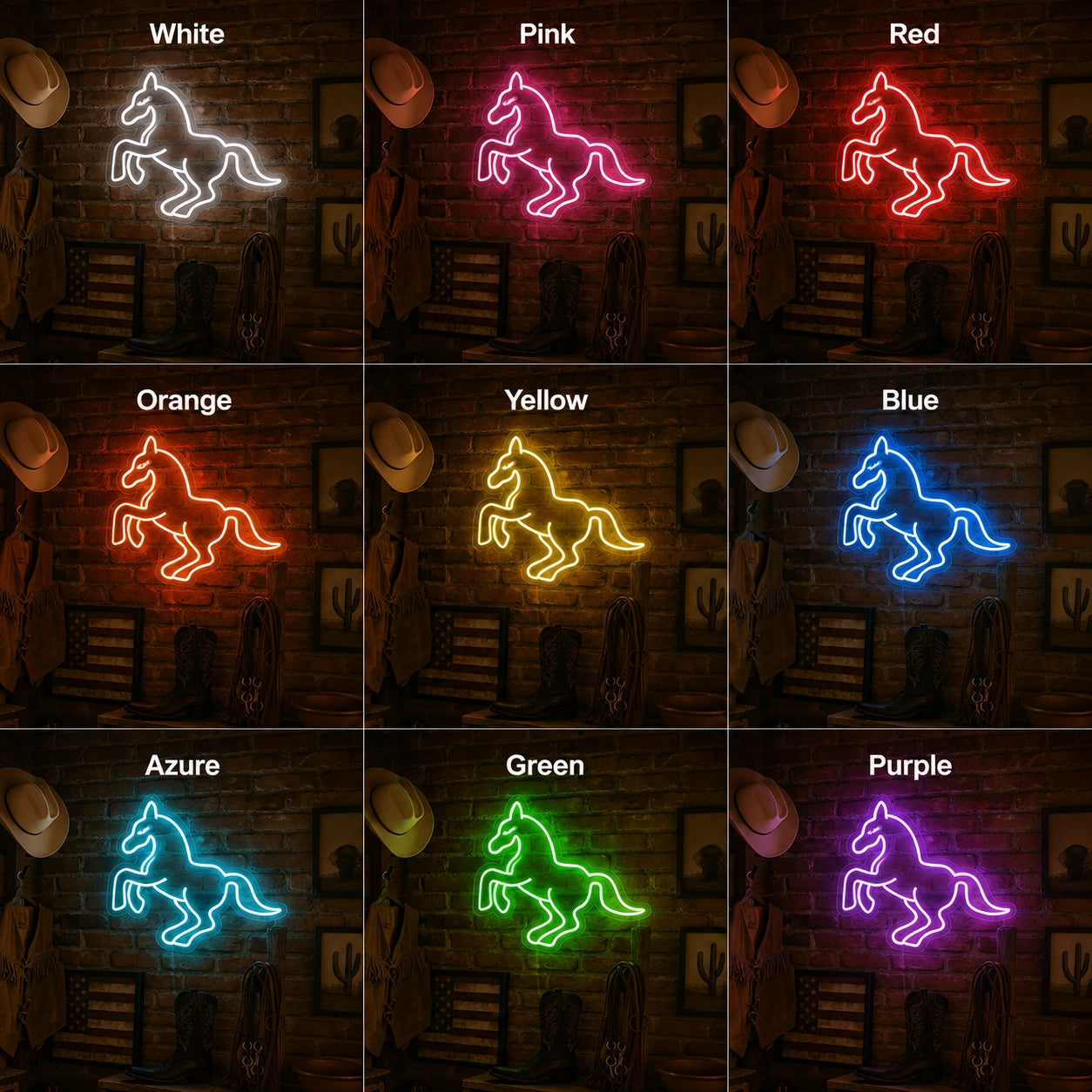 Western Horse LED Neon Sign day and night comparison