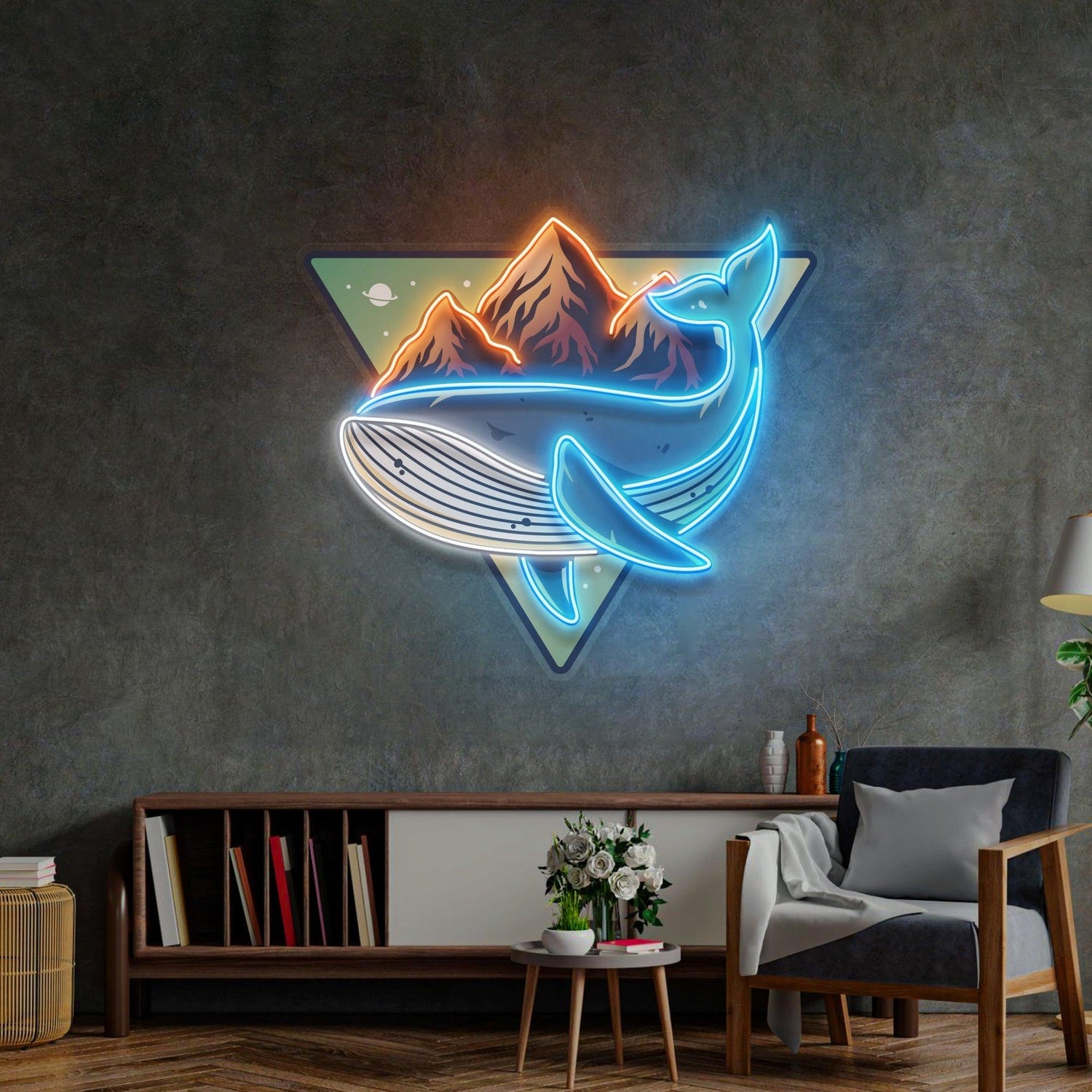 Whale On Mountain Top Blue Orange Uv Printed Led Neon Sign For Home Art Decor | Shineneon