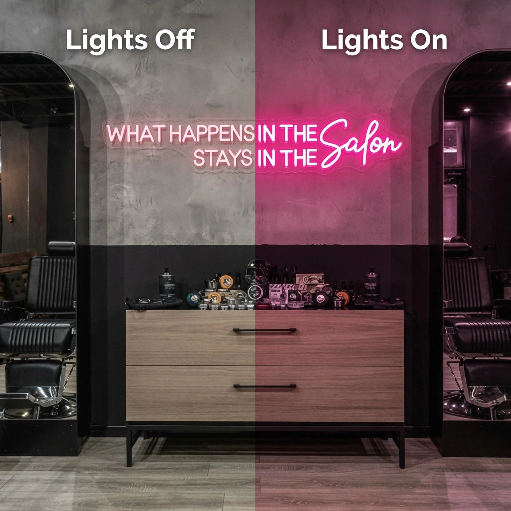 What Happens In The Salon Stays In The Salon LED Neon Sign Wall Neon Sign - 06 Day Night Comparison