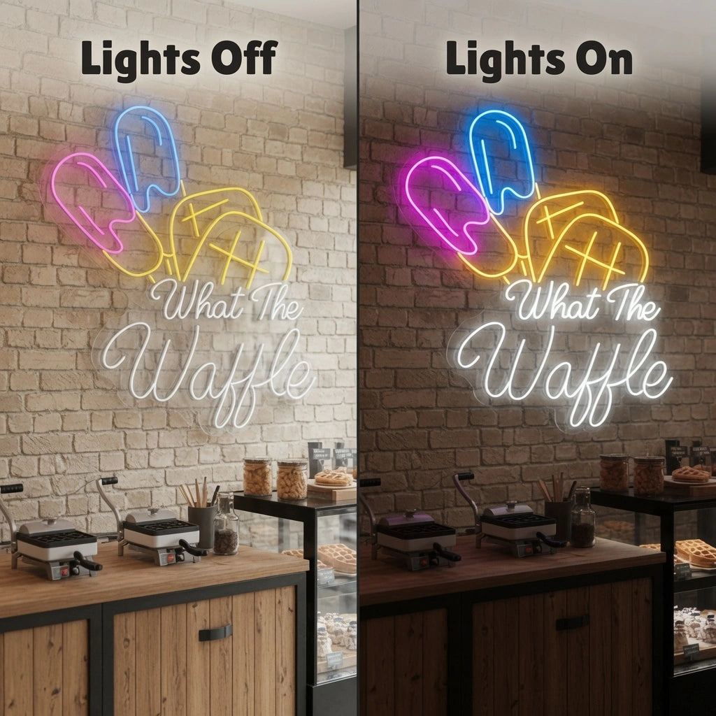 What The Waffle Wall Decor LED Neon Sign - 06 Day Night Comparison