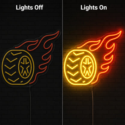 Wheel On Fire Neon Sign LED Neon Sign day and night comparison