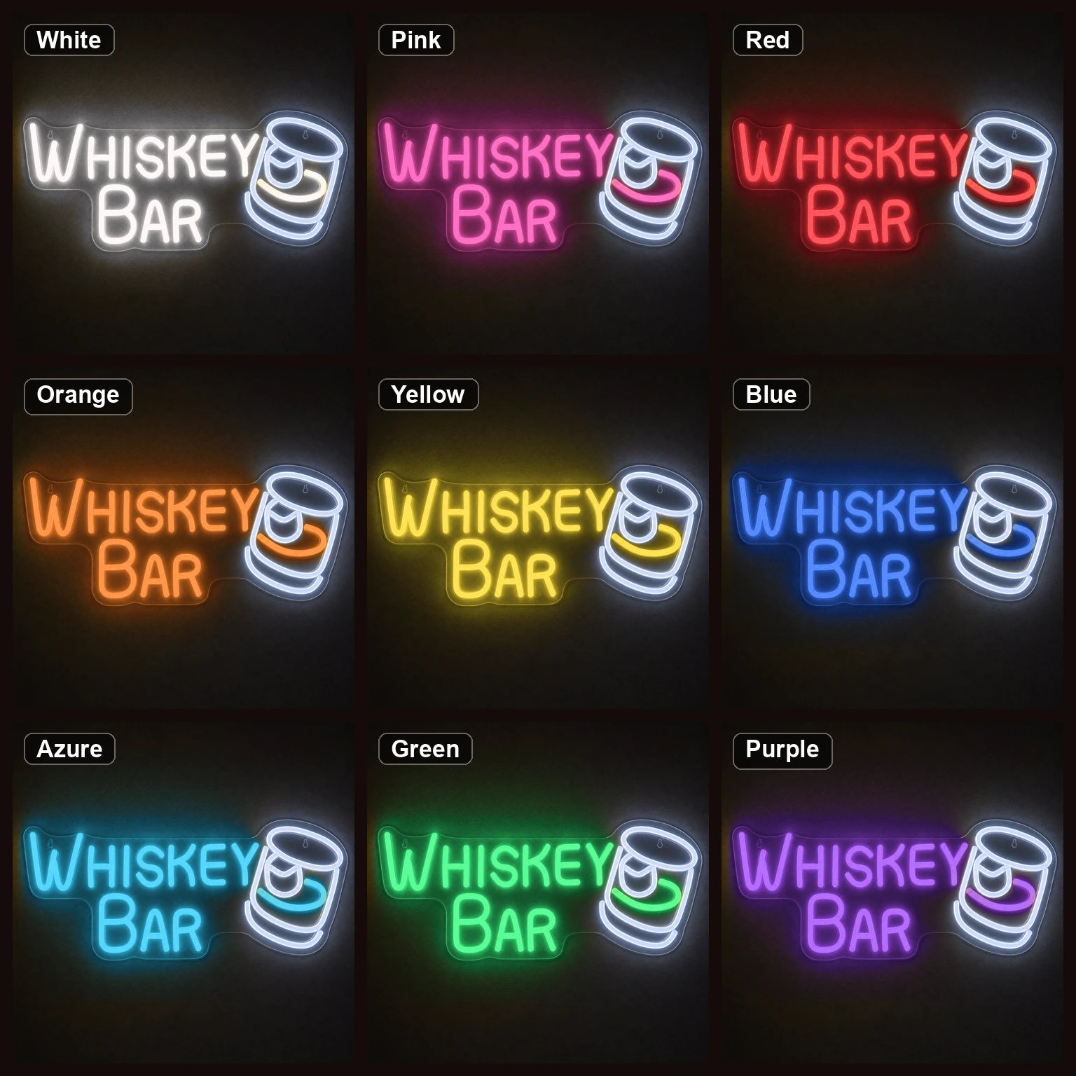 Whiskey Bar And Glass LED Neon Sign color grid