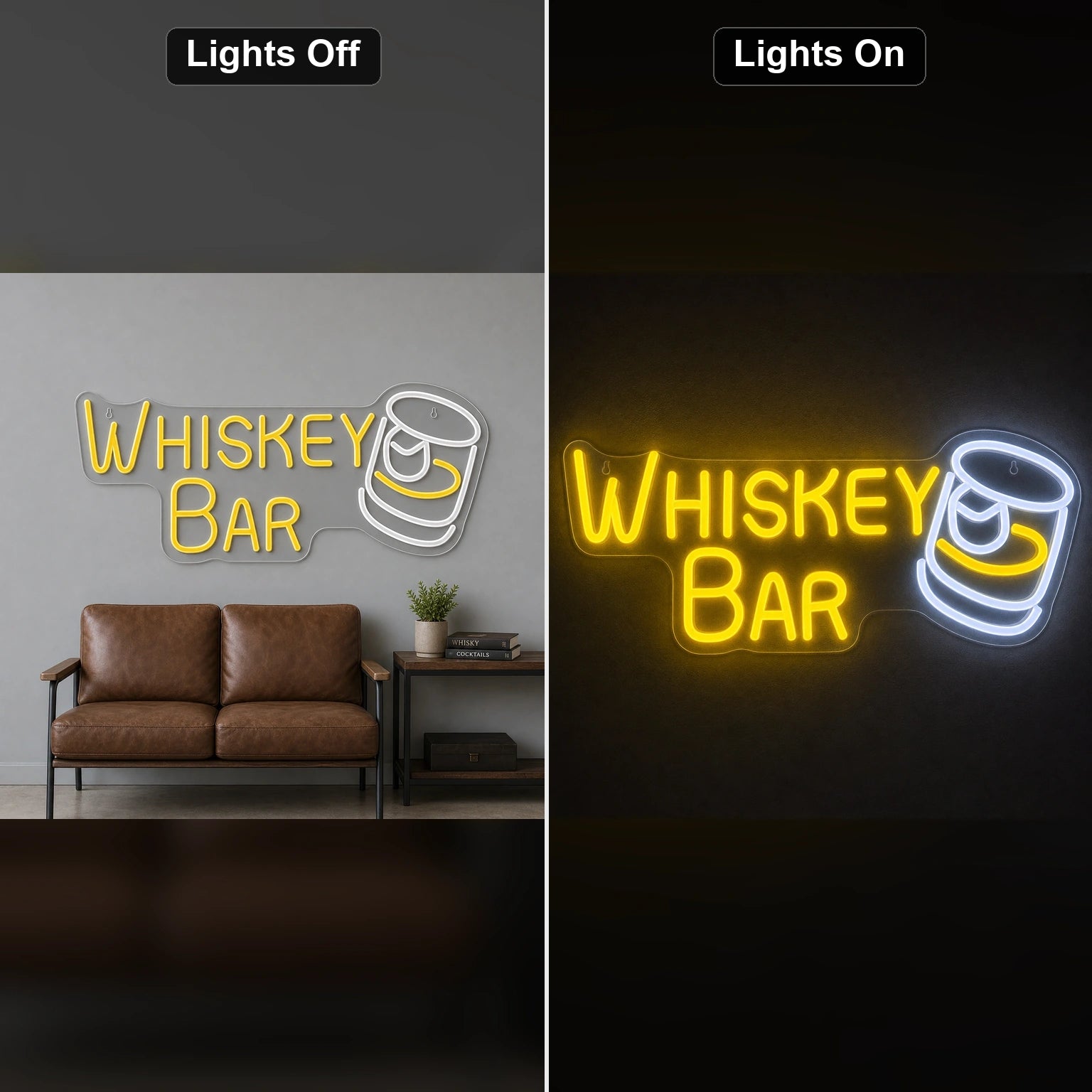 Whiskey Bar And Glass LED Neon Sign day and night comparison