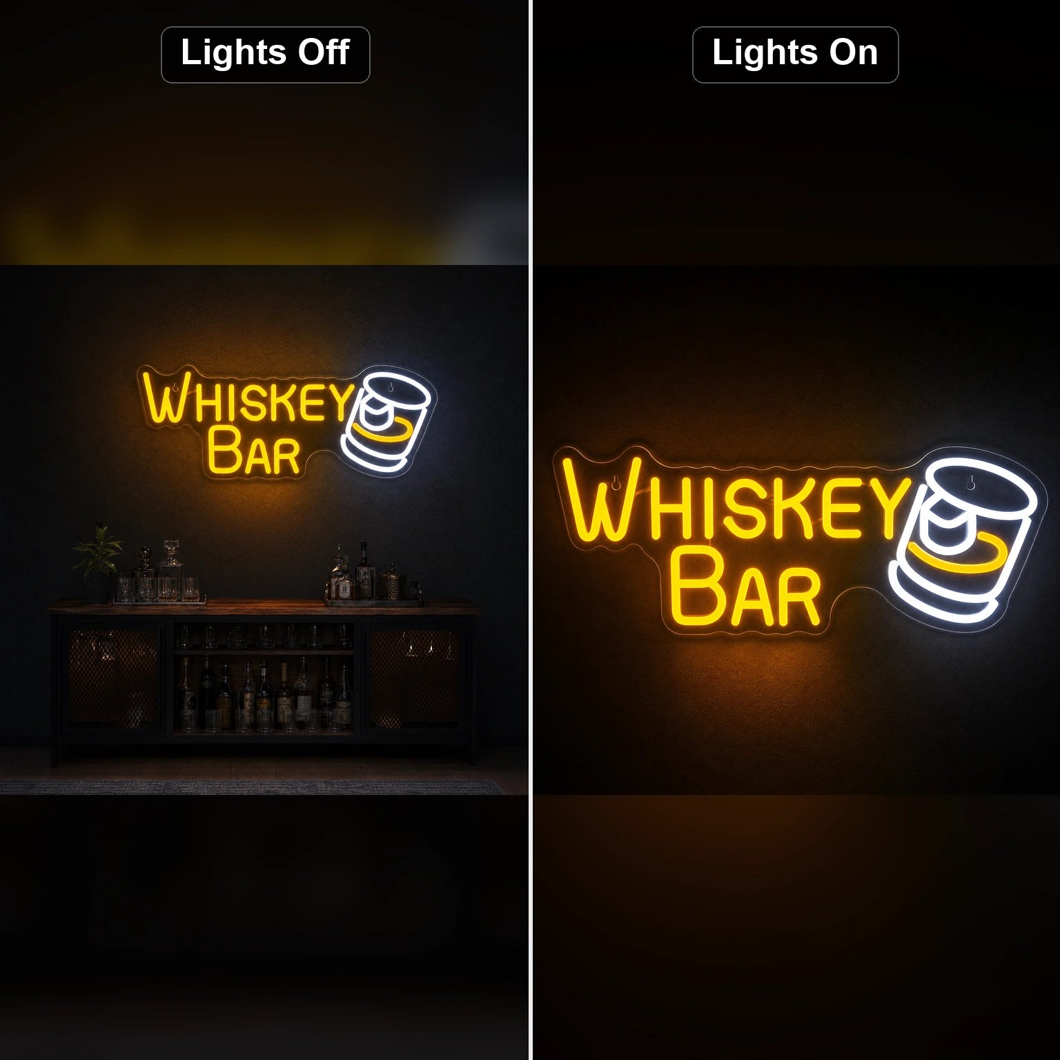 Whiskey Bar Man Cave LED Neon Sign day and night comparison