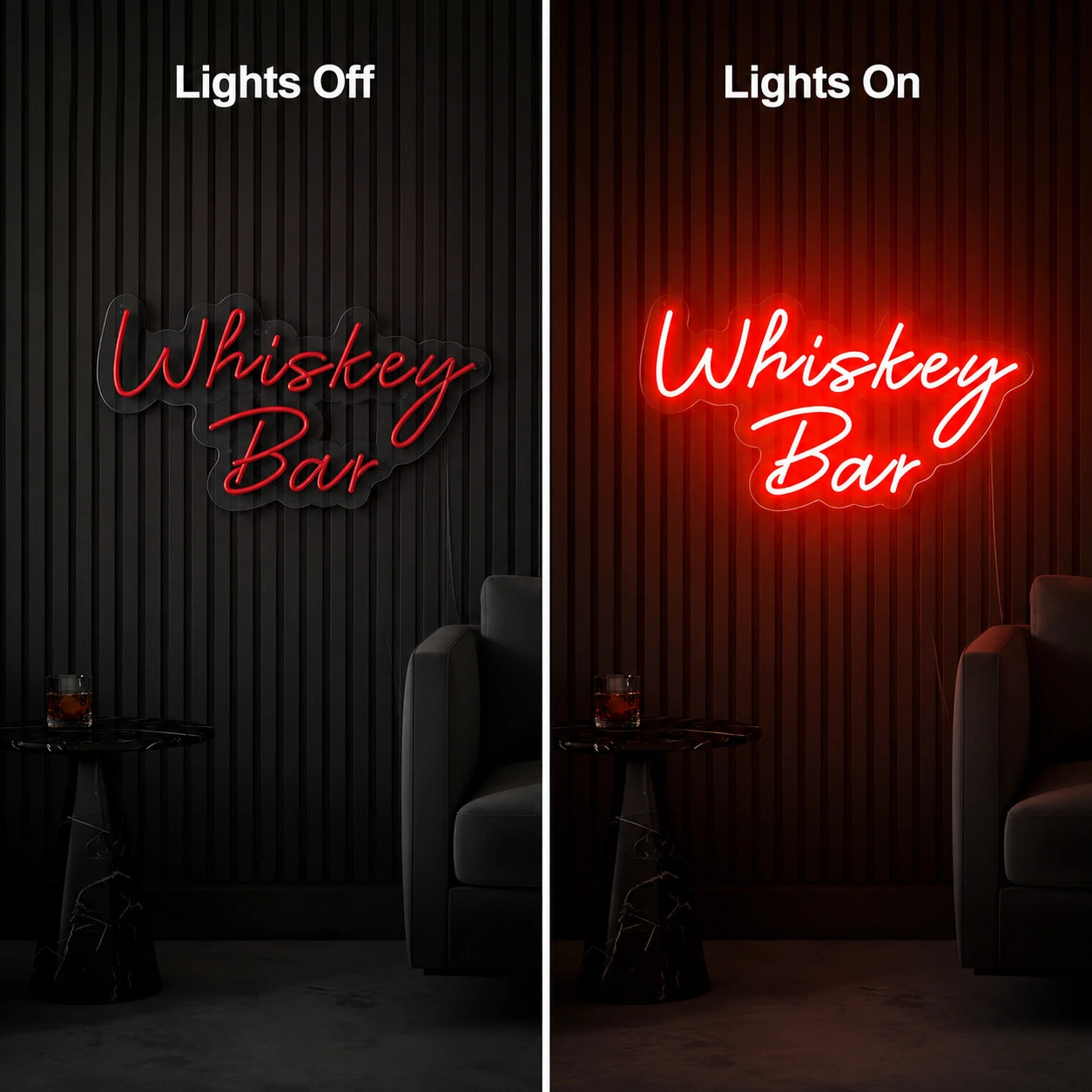 Whiskey Bar Neon Sign Wall Art LED Neon Sign day and night comparison