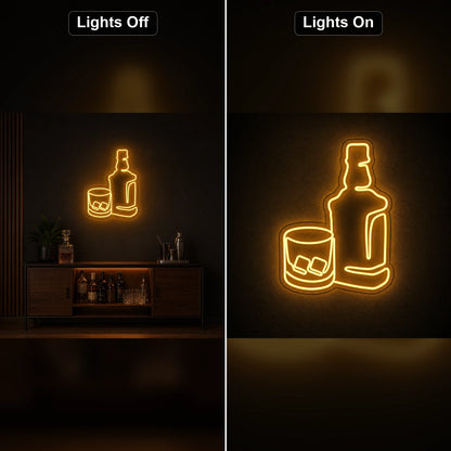 Whiskey Bottle And Glass Home LED Neon Sign day and night comparison