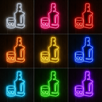 Whiskey Bottle And Glass LED Neon Sign Bar Lounge Wall Decor color grid