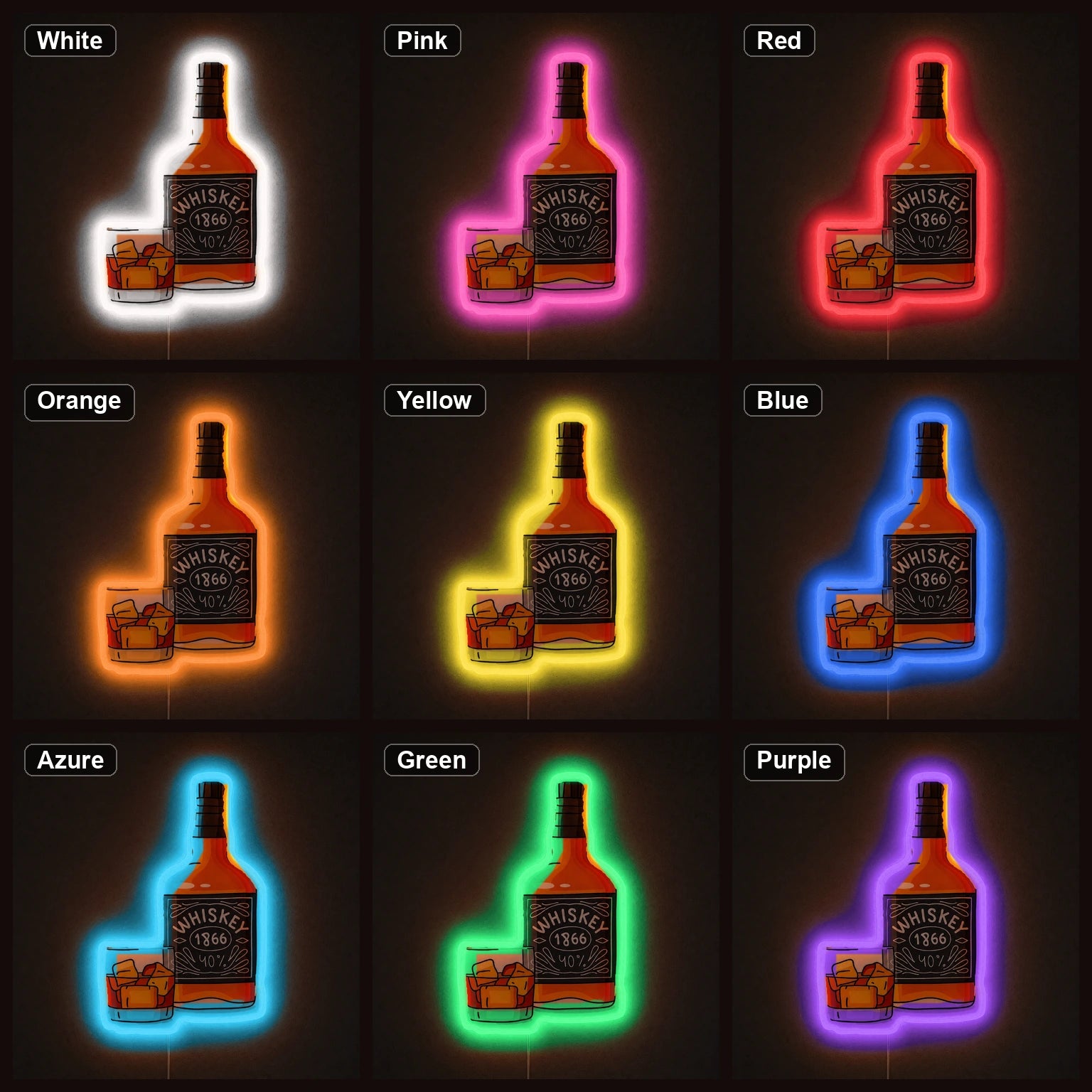 Whiskey Bottle And Rocks Glass LED Neon Sign color grid