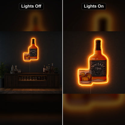Whiskey Bottle And Rocks Glass LED Neon Sign day and night comparison