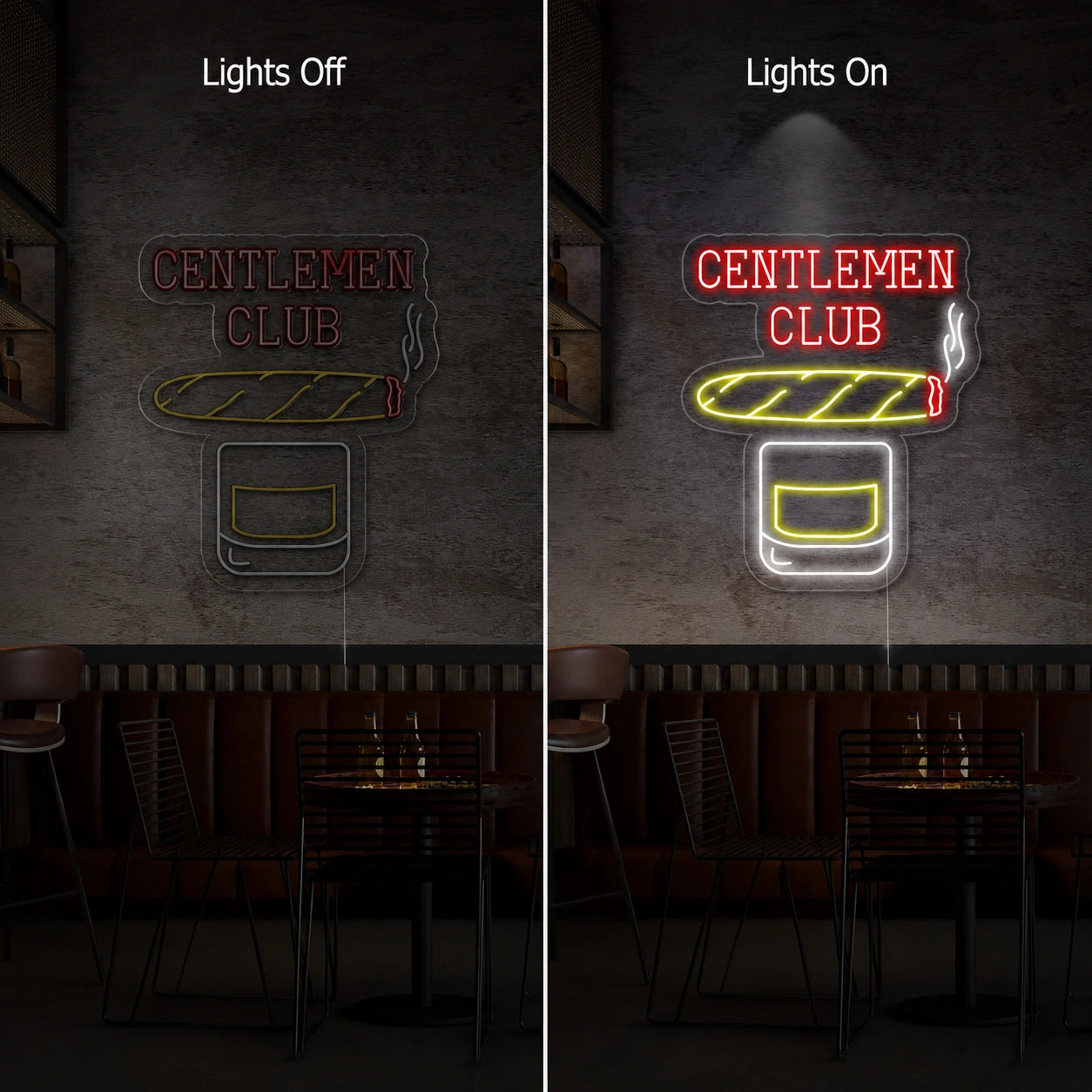 Whiskey Cigar Neon Sign LED Neon Sign day and night comparison