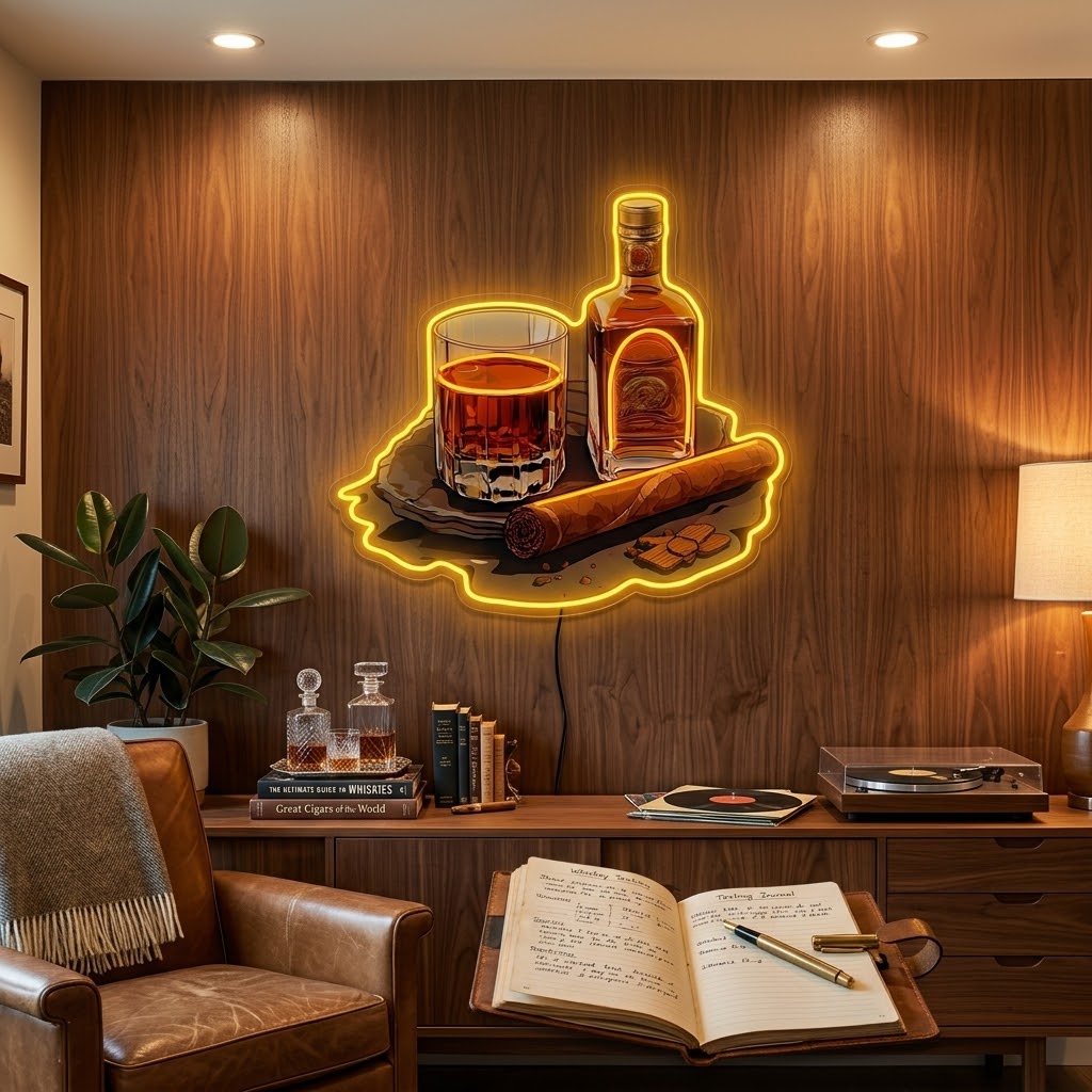 ShineNeon™ Whiskey Glass And Lit Cigar Lounge Neon Sign USB Power#color_yellow