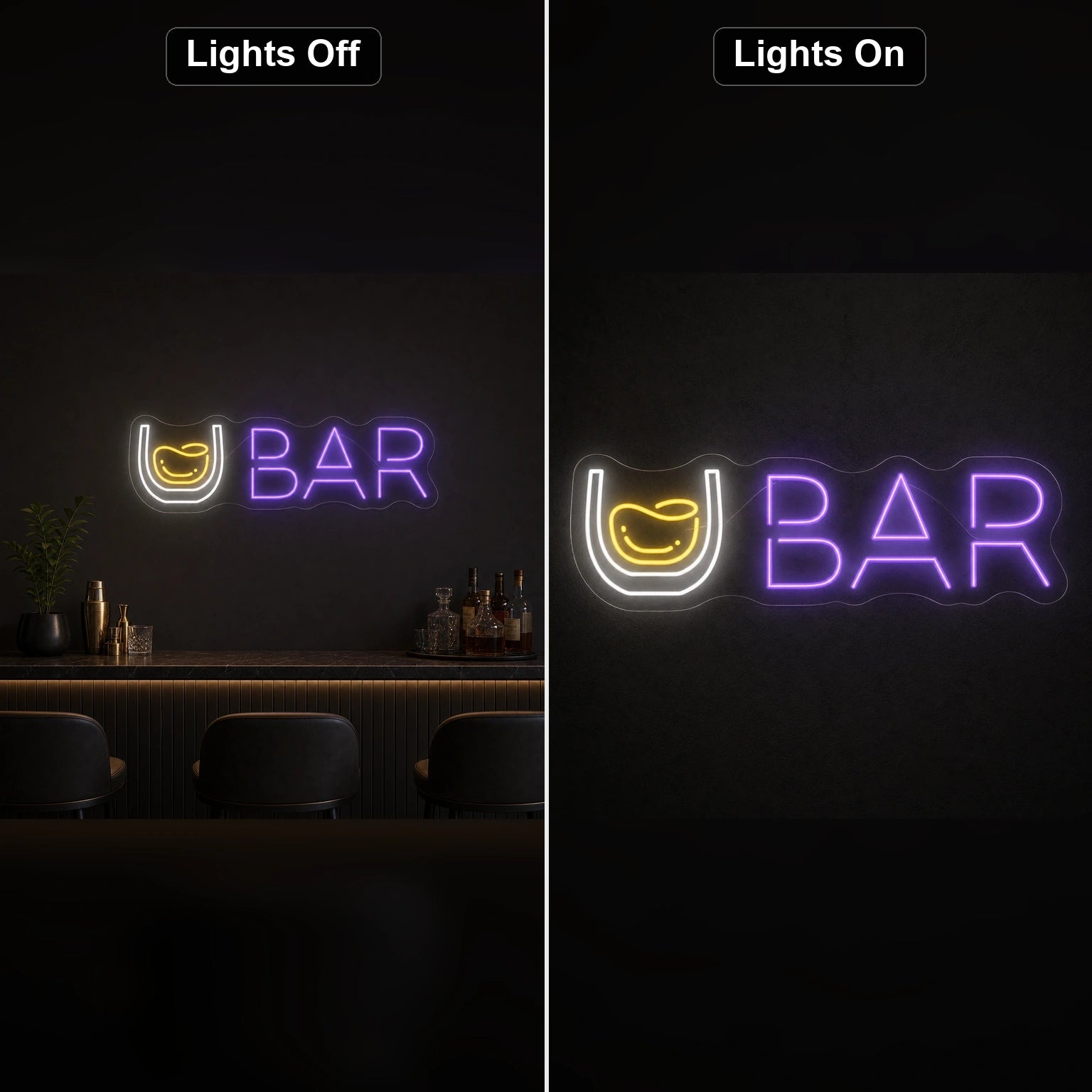 Whiskey Glass Bar LED Neon Sign day and night comparison
