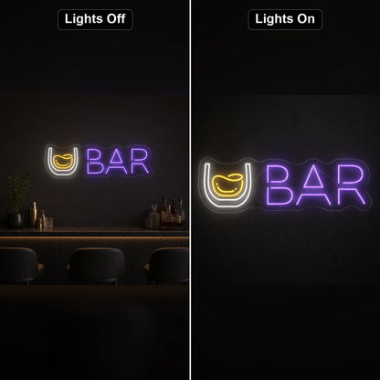 Whiskey Glass Bar LED Neon Sign day and night comparison