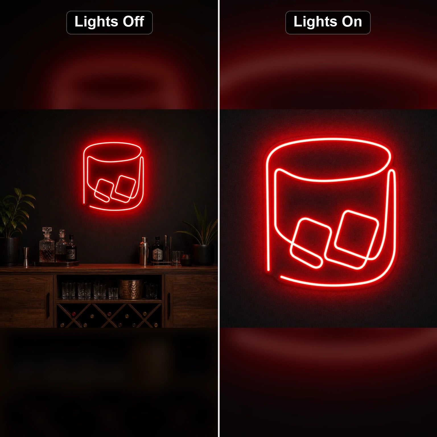 Whiskey Glass With Ice LED Neon Sign day and night comparison