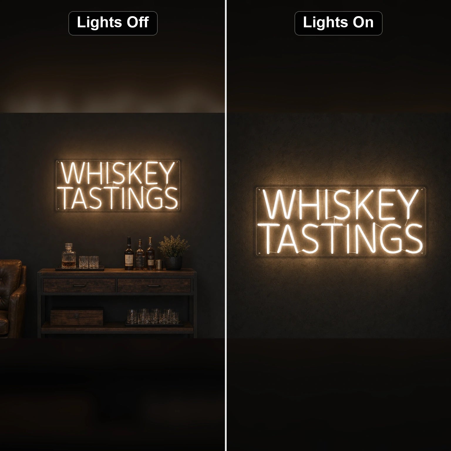 Whiskey Tastings LED Neon Sign day and night comparison