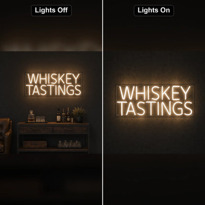 Whiskey Tastings LED Neon Sign day and night comparison