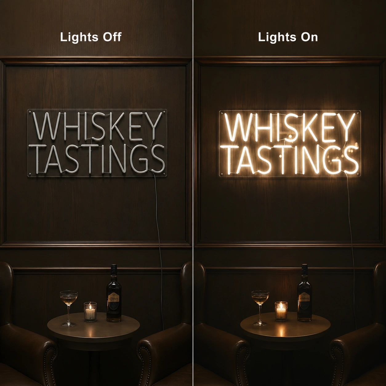 Whiskey Tastings Neon Sign LED Neon Sign day and night comparison