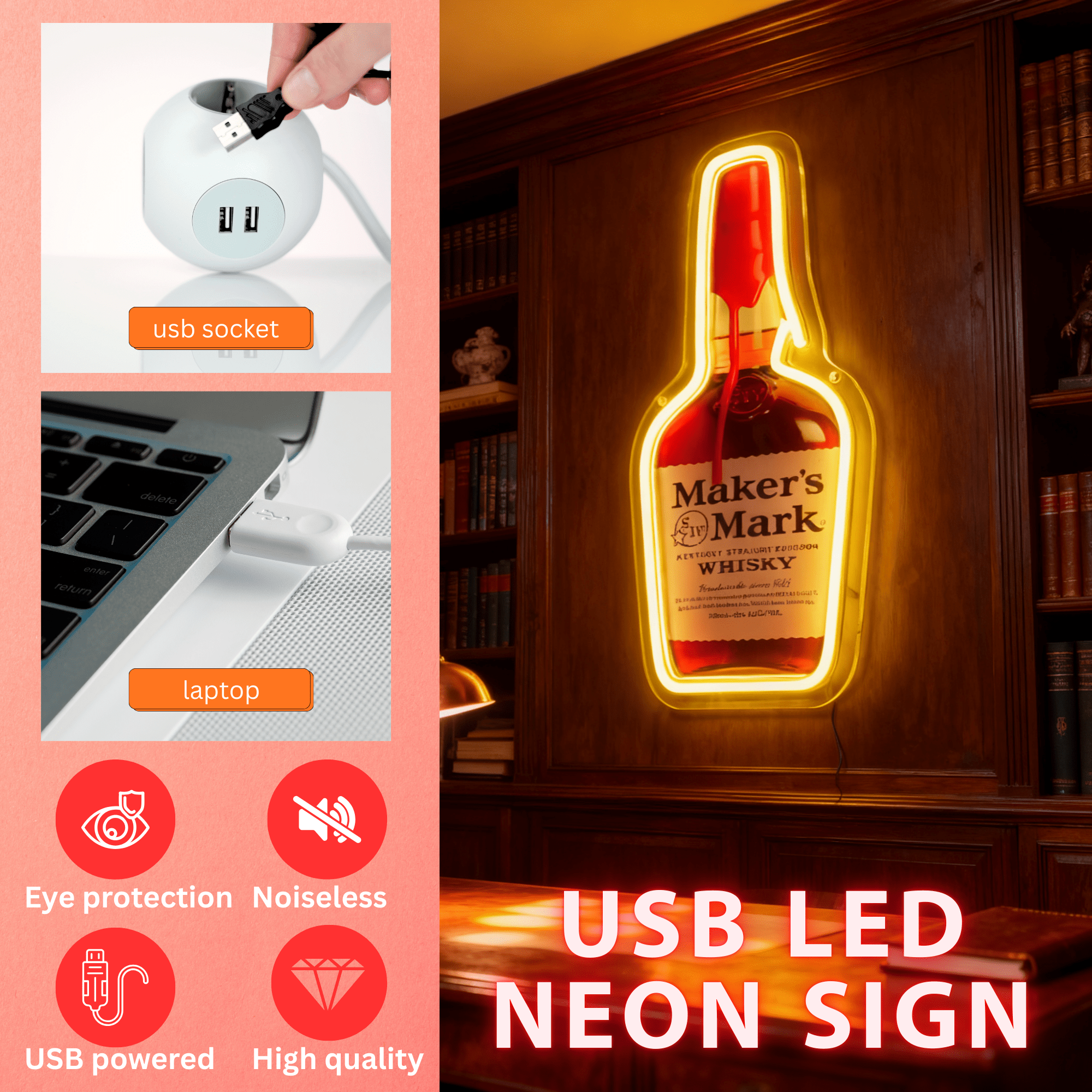 Whiskey USB LED Neon Sign - Bourbon Bar Light for Man Cave & Home Wall Decor - Shineneon