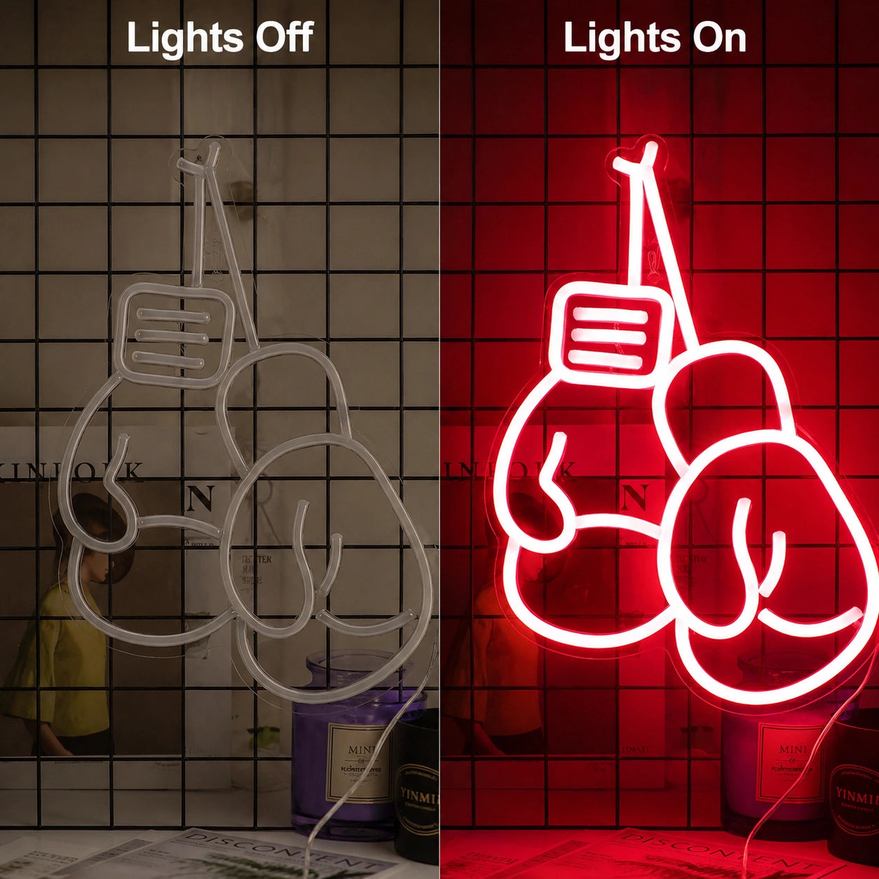 White Boxing Gloves Neon Sign LED Neon Sign day and night comparison