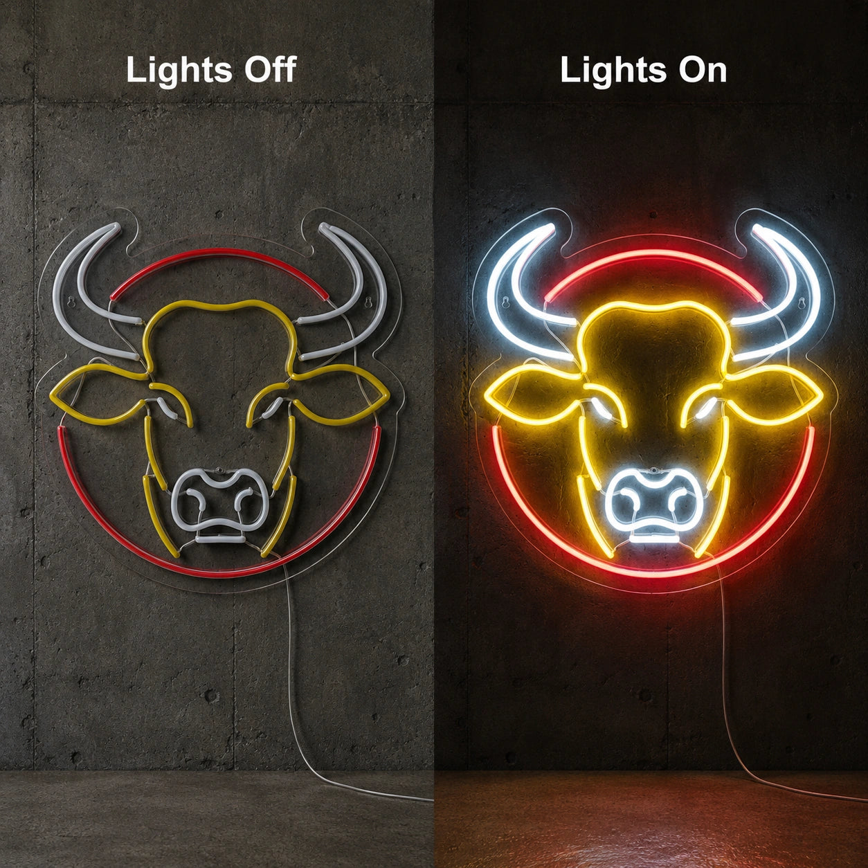 White Horn Bull Head Neon Sign LED Neon Sign day and night comparison