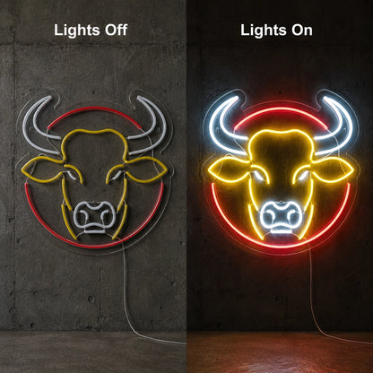 White Horn Bull Head Neon Sign LED Neon Sign day and night comparison