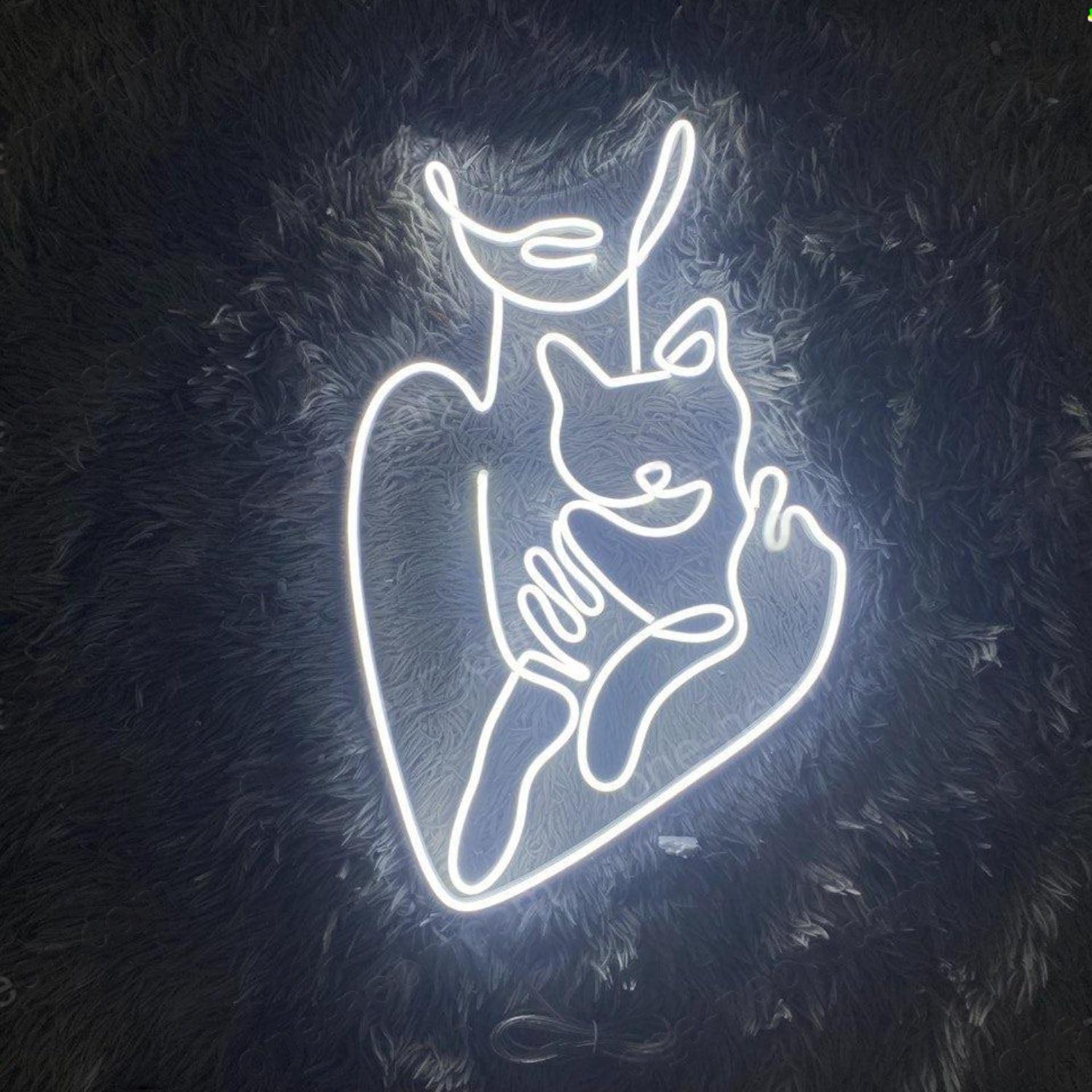 White Line Art Cat Mom Silhouette Led Neon Sign For Pet Lover Home Decor | Shineneon